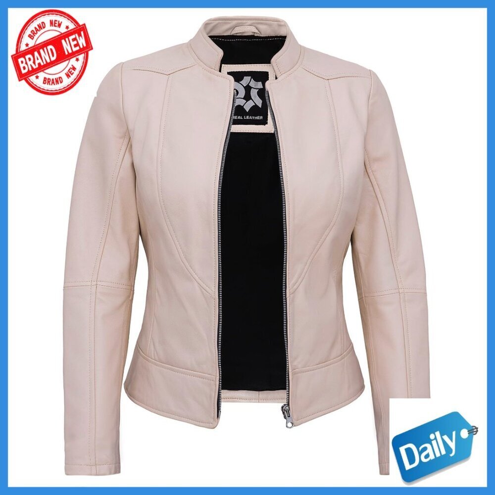 Real Lambskin Leather Motorcycle Jacket Women's Cafe Racer Style
